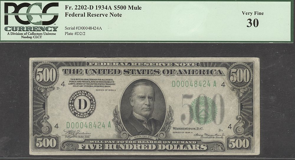 Fr.2202-Dm, 1934A $500 Cleveland FRN (Mule), D00048424A, VF, PCGS-30